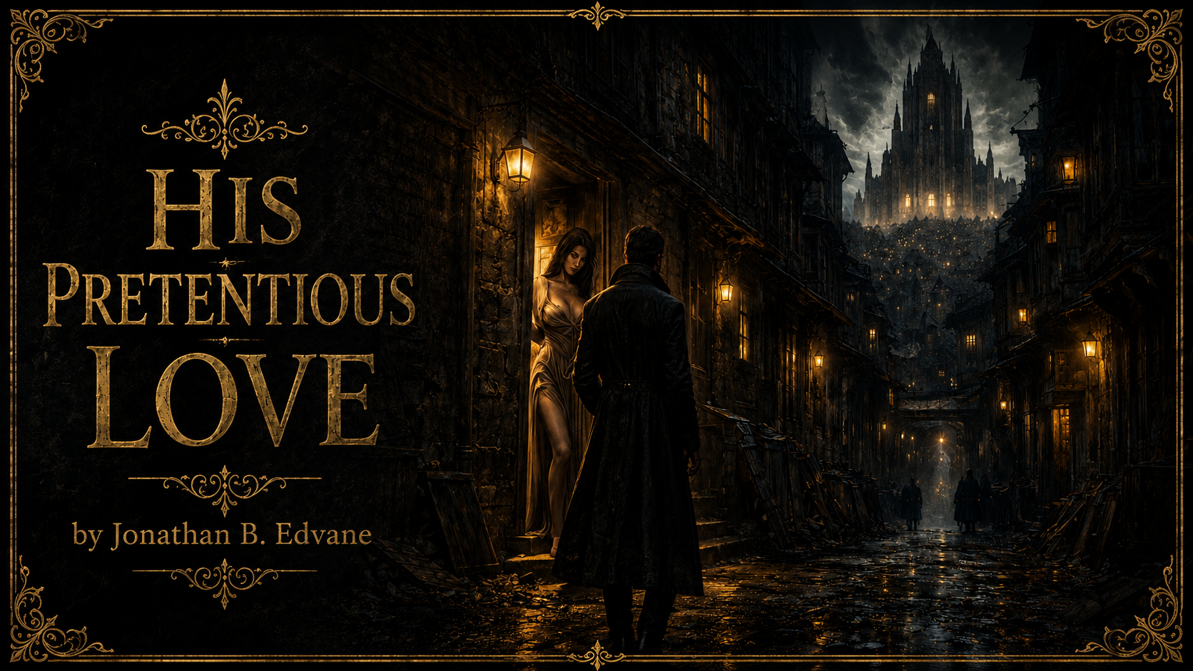 Gothic dark fantasy cover showing a rain-soaked medieval street, a man in a long black coat facing a woman in a doorway, with a vast illuminated cathedral rising in the distance. Gold ornate text reads “His Pretentious Love” by Jonathan B. Edvane.
