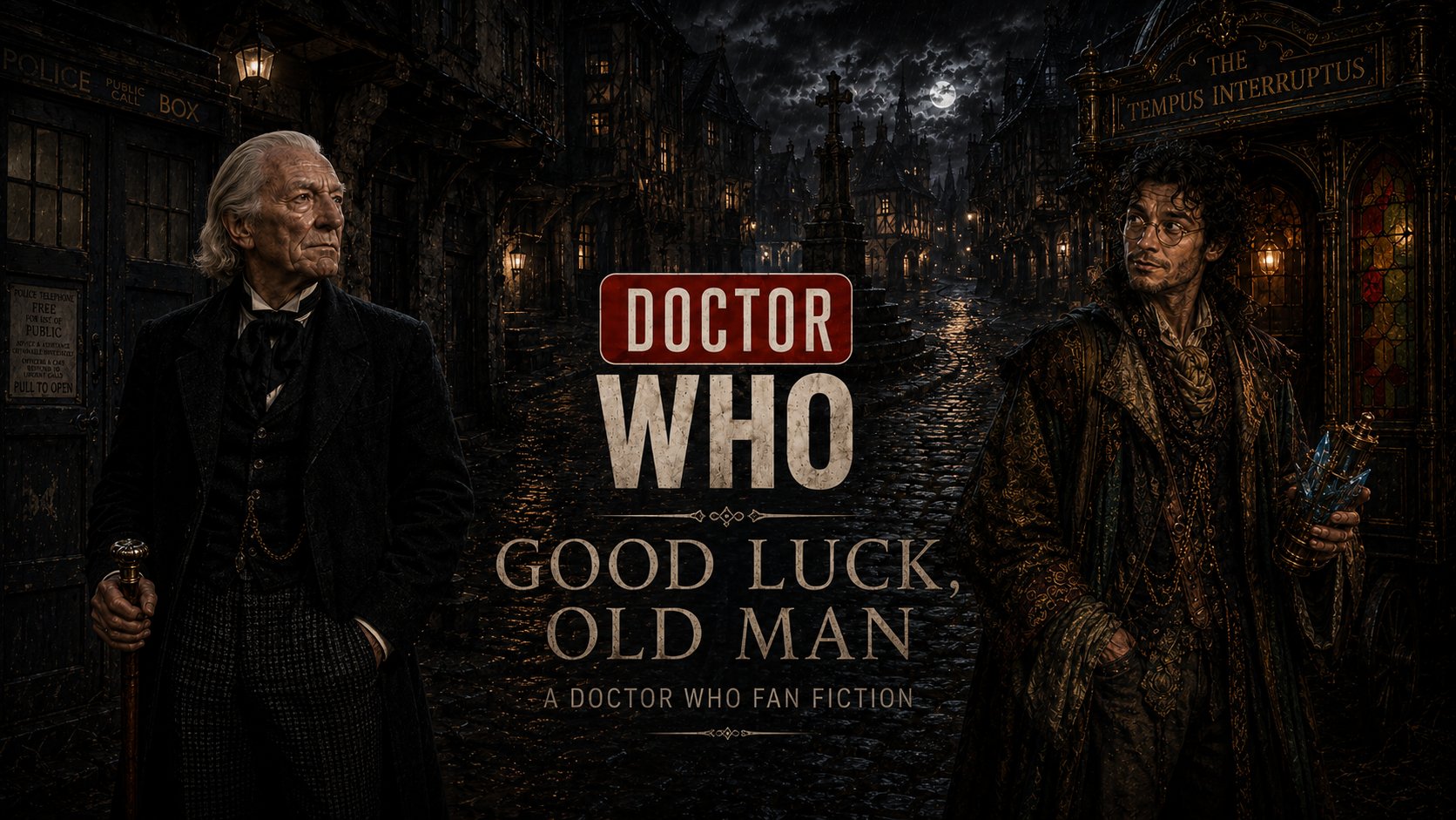 A cinematic 16:9 title plate set in rain-darkened sixteenth-century Paris. The elderly First Doctor stands on the left beside the TARDIS, dressed in a black Edwardian coat and holding his cane. Young Thessa stands on the right before the ornate, stained-glass Tempus Interruptus, wearing round spectacles and a richly patterned coat while holding the brass Veritas in Ludo with its blue crystals. A narrow medieval street rises between them towards crooked timber houses, a stone cross and a moonlit skyline. Centred text reads “DOCTOR WHO”, “GOOD LUCK, OLD MAN” and “A DOCTOR WHO FAN FICTION.”