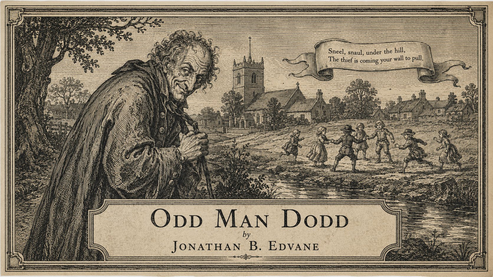 Sepia-toned eighteenth-century-style engraving of the grotesque, hunched Odd Man Dodd standing beside the river Perry, with Ruyton church and village behind him. Children play in a ring across the water while a ribbon bears the rhyme, “Sneel, snaul, under the hill, the thief is coming your wall to pull.” An ornate border surrounds the image, with the title Odd Man Dodd by Jonathan B. Edvane in a large caption panel below.