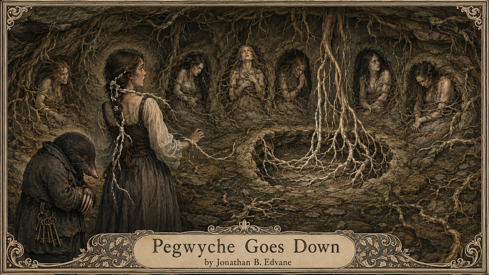 Victorian-style illustration for Pegwyche Goes Down showing Pegwyche and the mole-like Mister Talp in a root-filled underground cavern, facing six pale women imprisoned within the stone and an empty seventh hollow waiting for Pegwyche.
